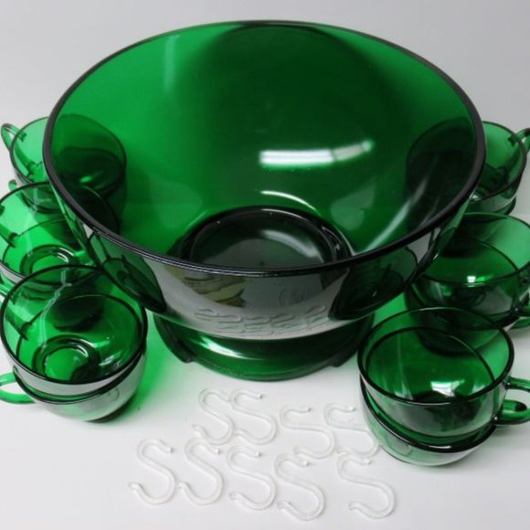 Anchor Hocking Fire King Forest Green 14 Piece Punch Bowl Set, 9 Cup Hooks - Picture 1 of 3